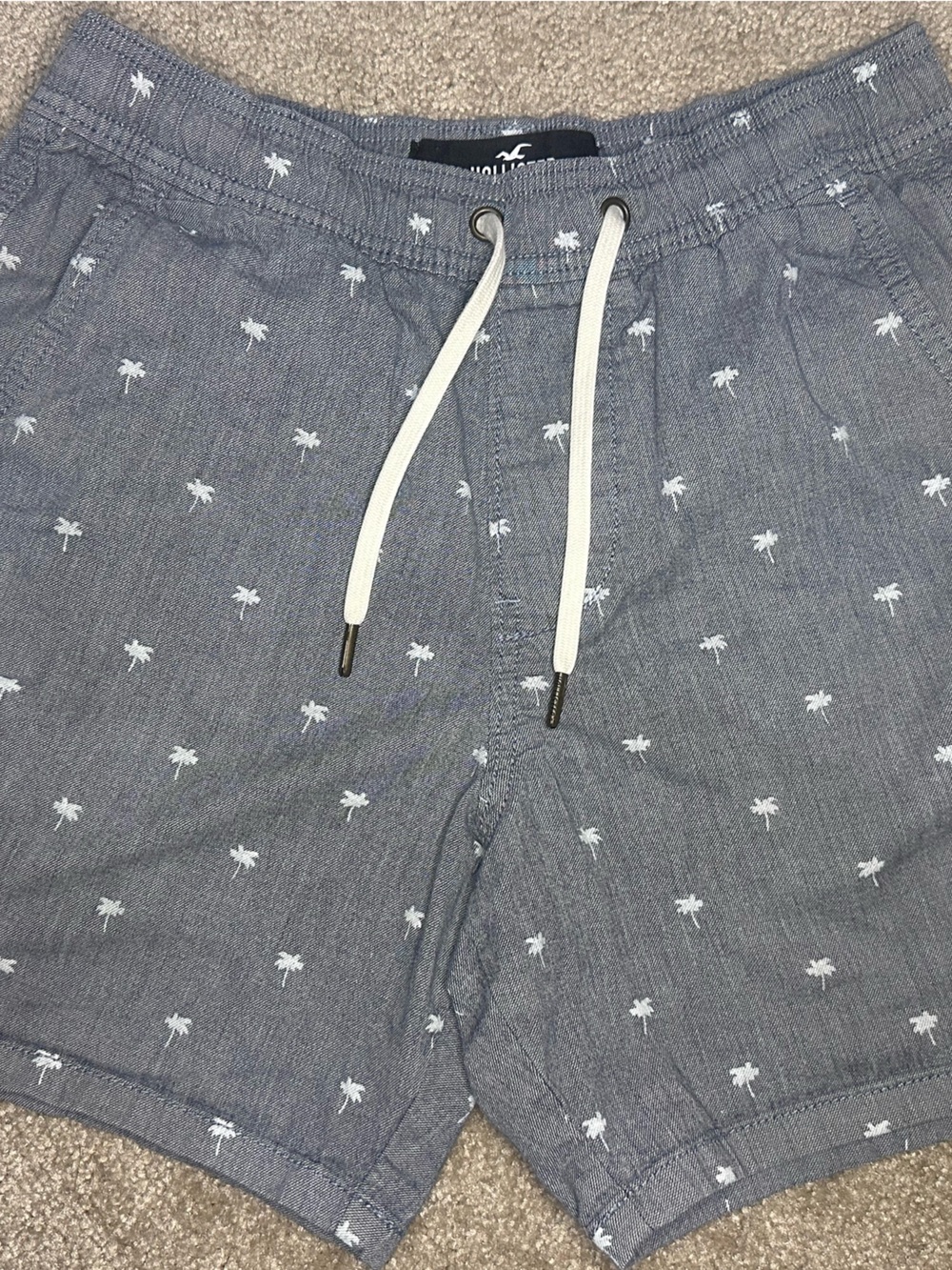 Hollister Blue Chambray Flat Front Shorts with White Palm Print